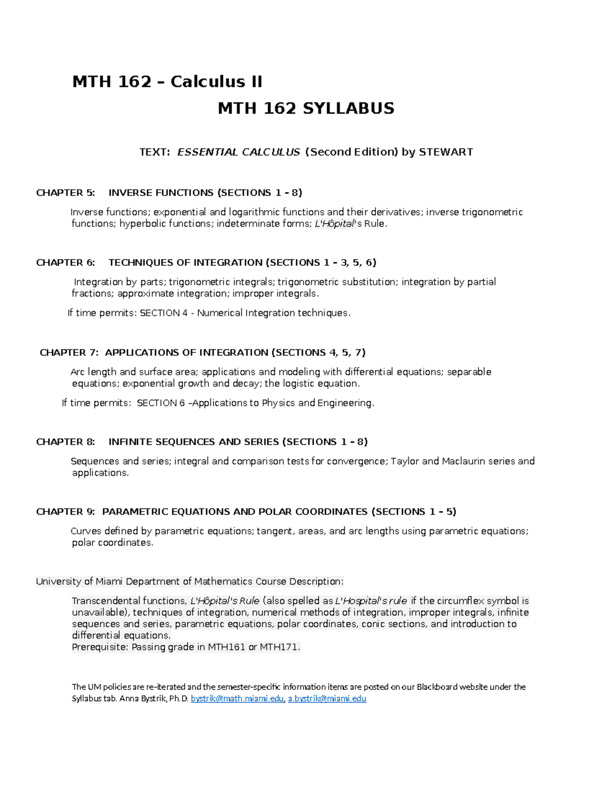 MTH 162 Calculus II - Detailed Syllabus Overview - Studocu
