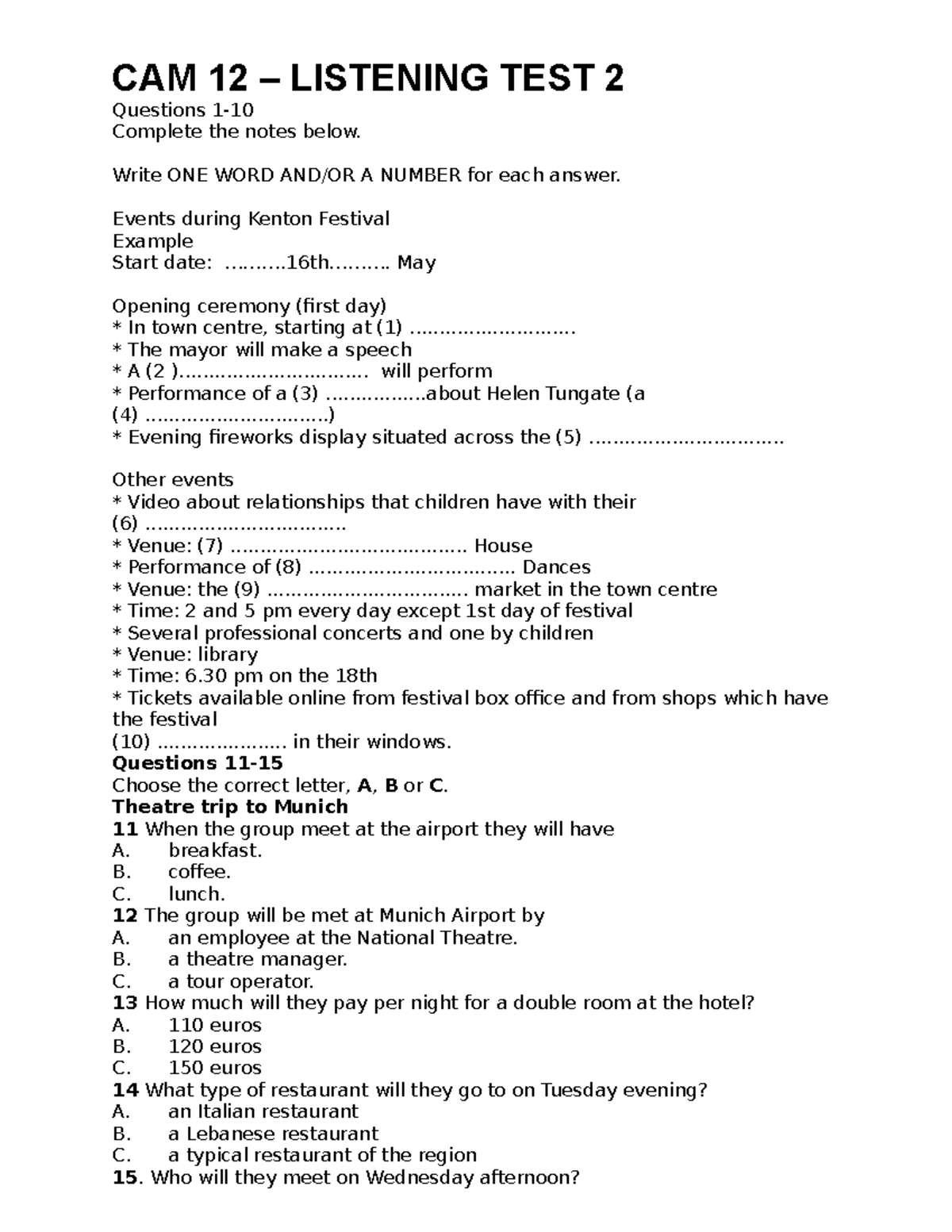 IELTS Listening - CAM 12 Test 2 Notes and Questions - Studocu