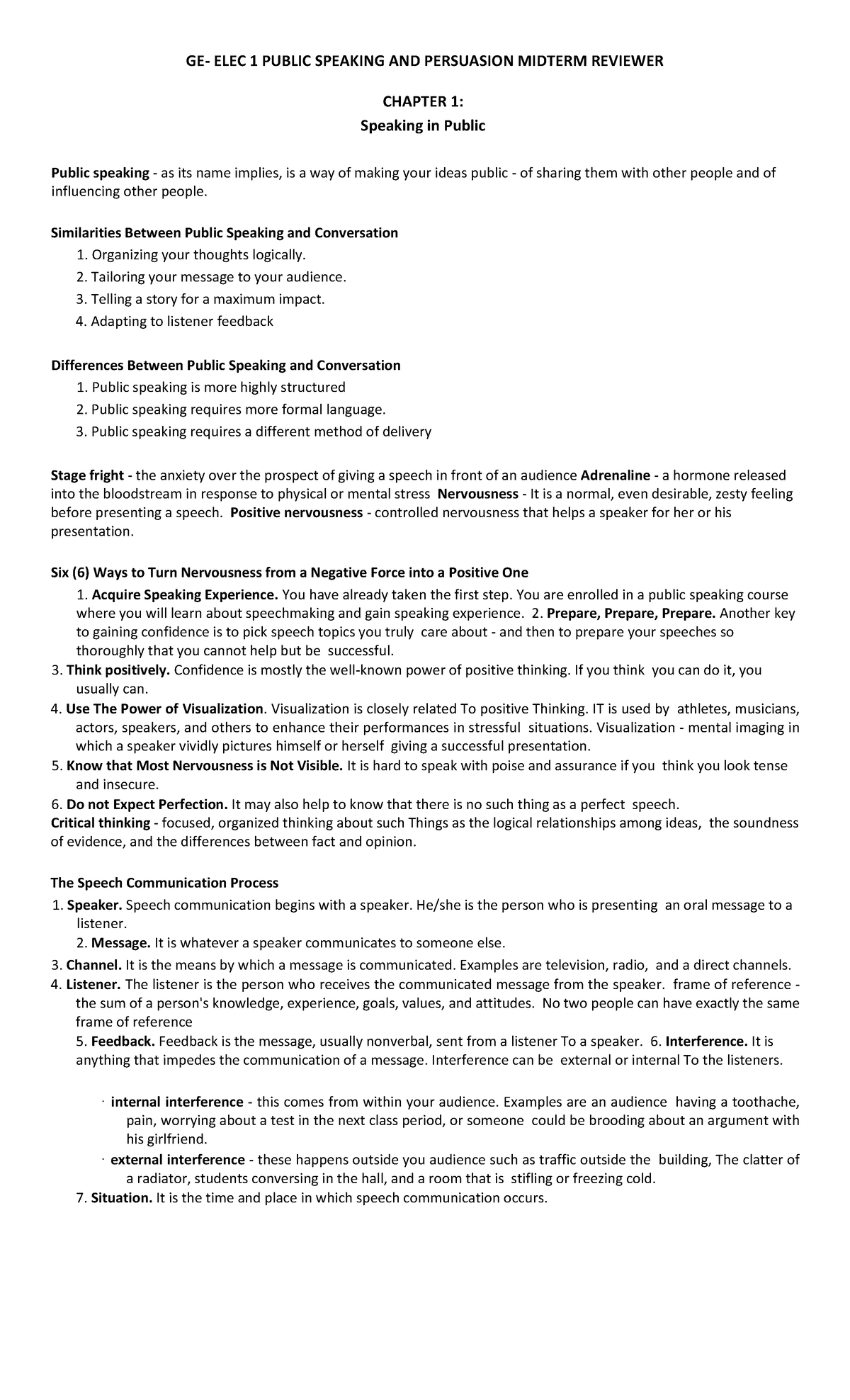 GE ELEC 1 Public Speaking & Persuasion Midterm Review Notes - Studocu