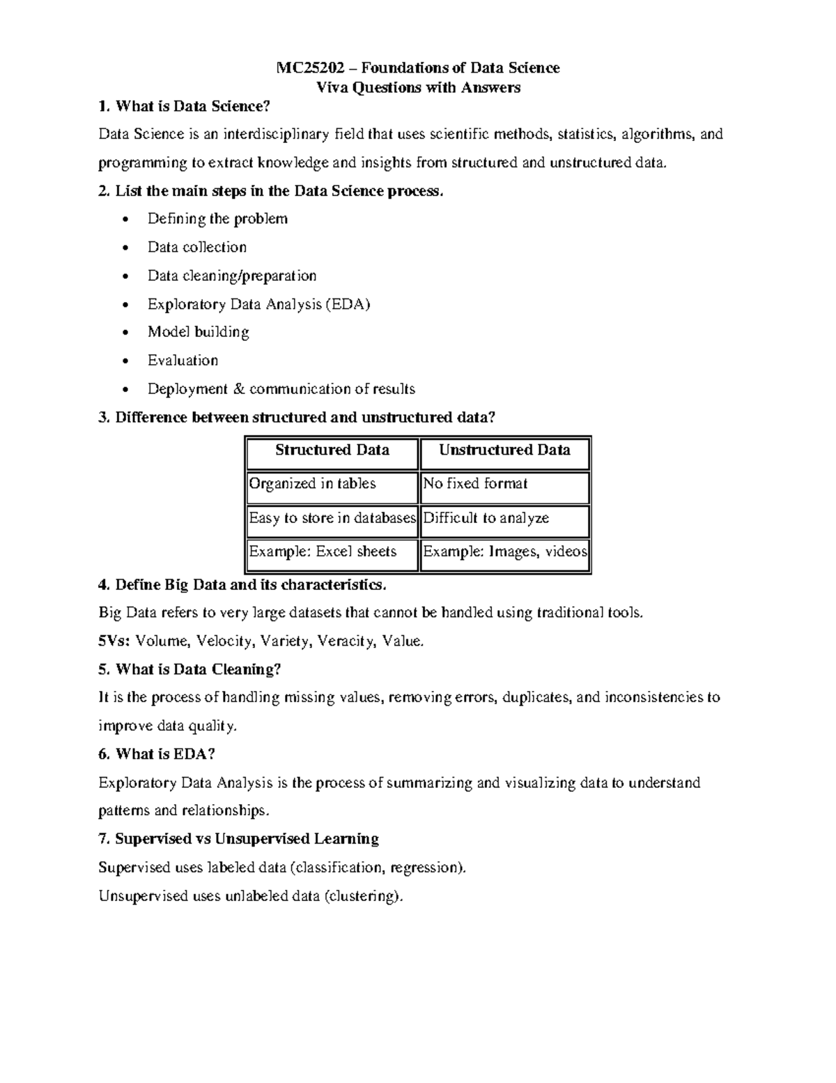 MC25202 Foundations of Data Science Viva Questions & Answers - Studocu