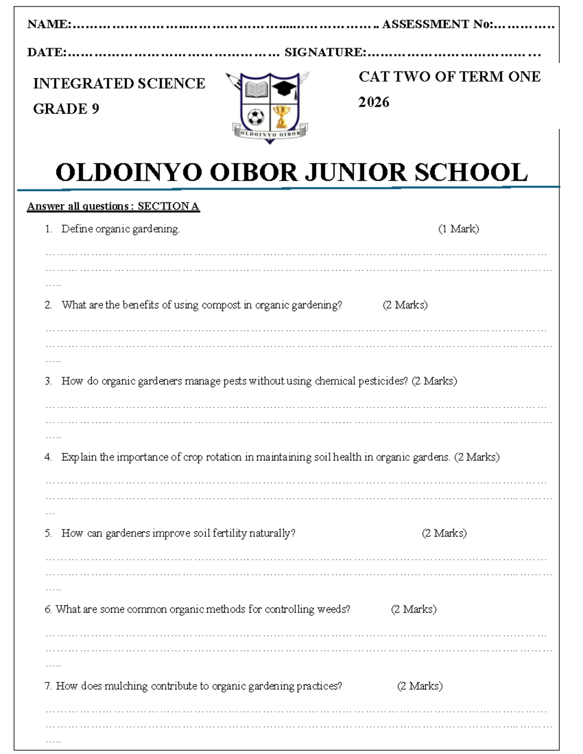 Grade 9 Integrated Science CAT 2 Term 1 2026 - Organic Gardening - Studocu