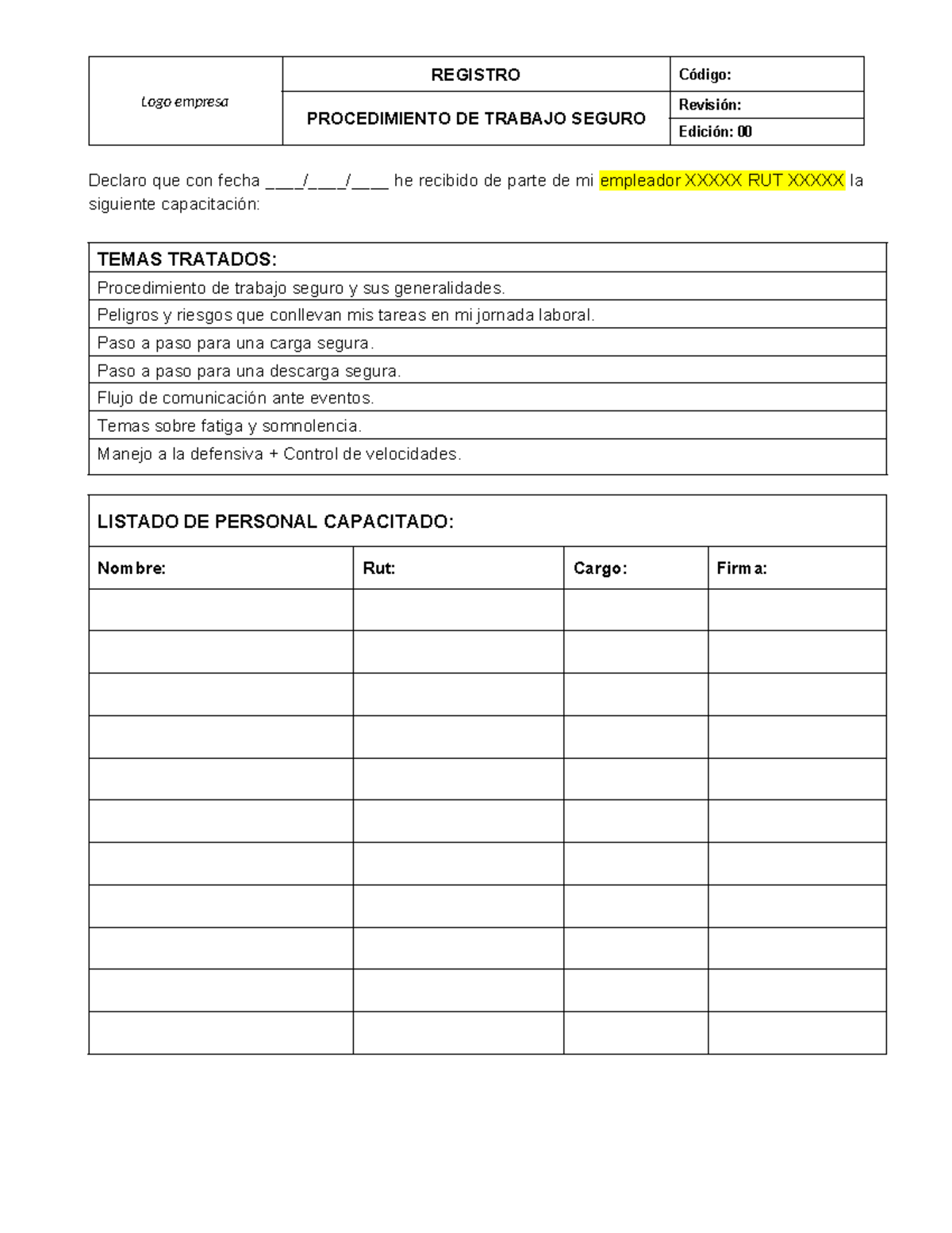 Procedimiento de Trabajo Seguro - Capacitación y Riesgos Laborales - Document Preview