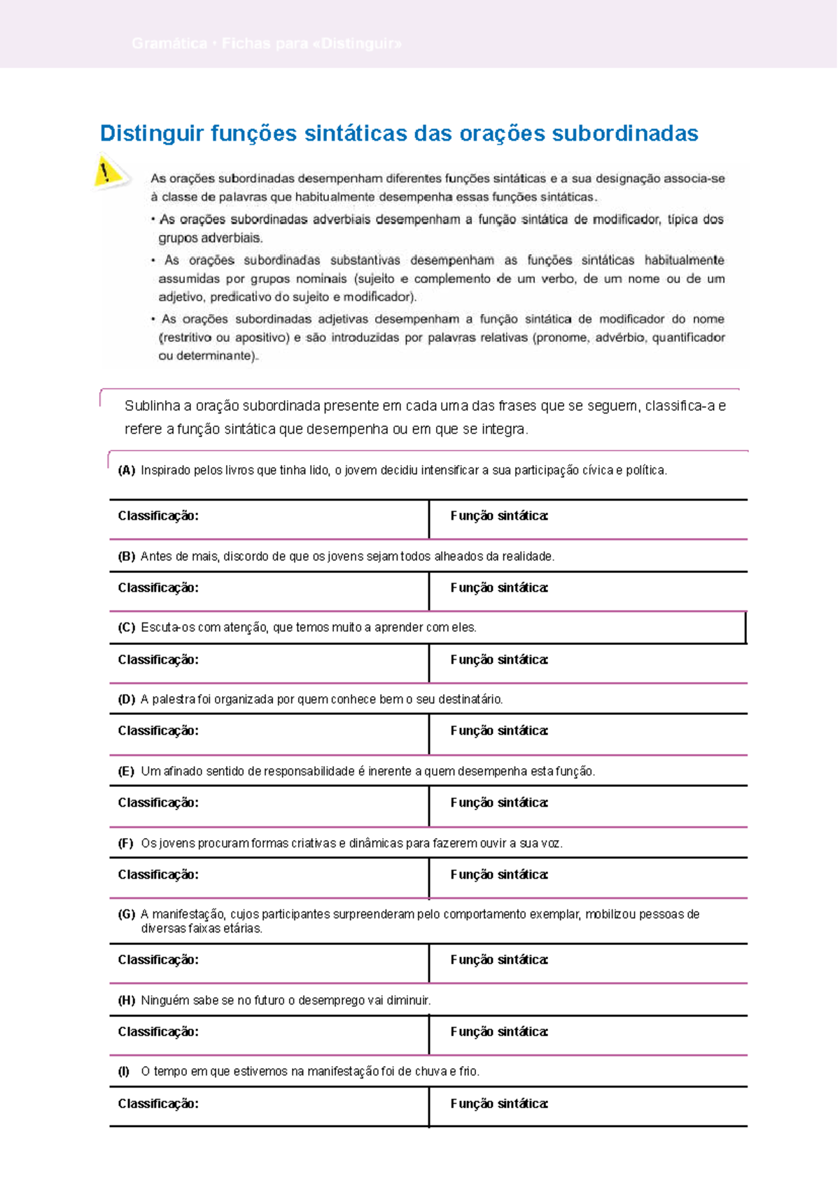 Gramática: Funções Sintáticas das Orações Subordinadas - Studocu