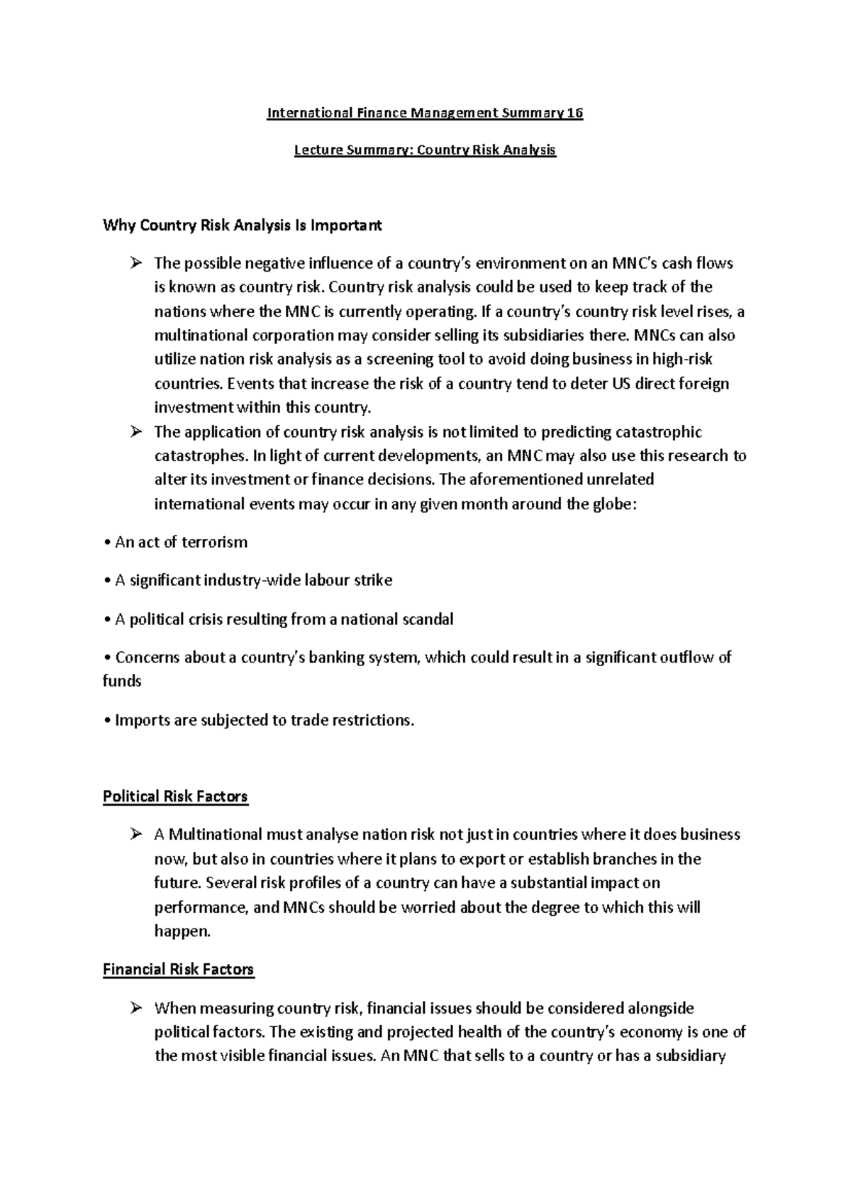 International Finance Mgt 16 - Country Risk Analysis Overview - Studocu