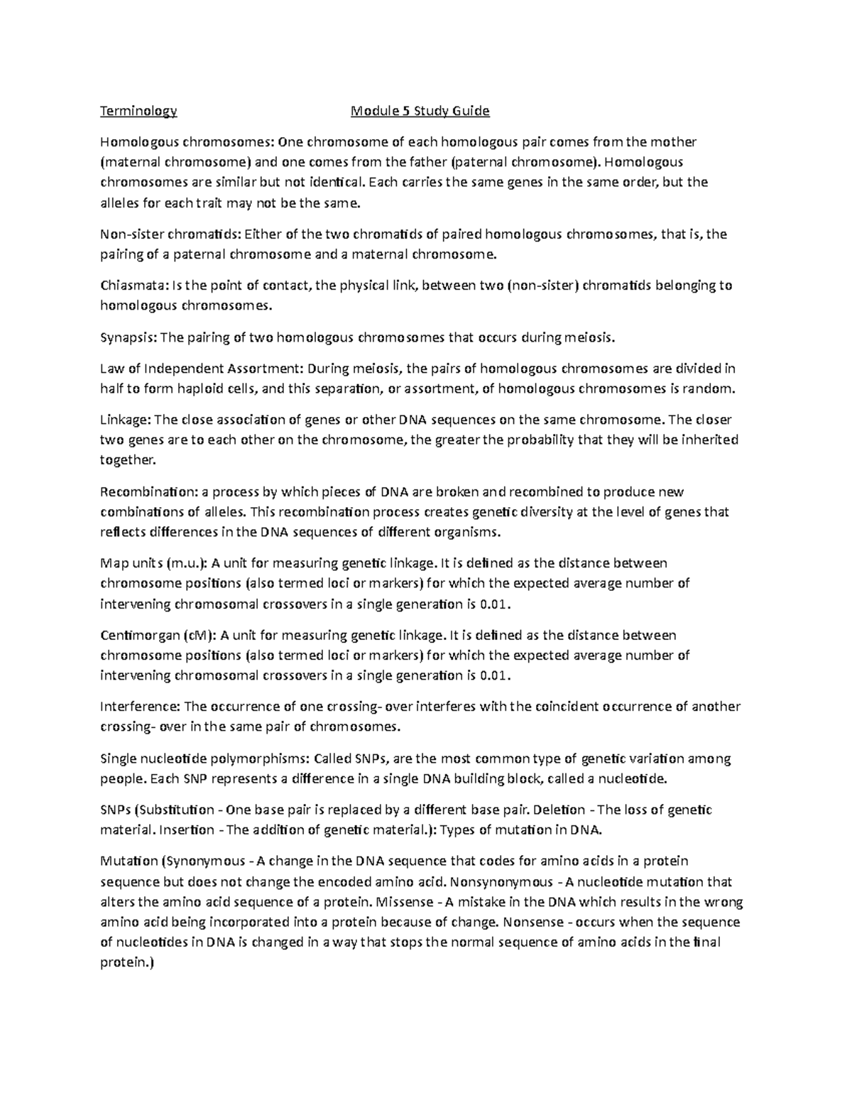 Genetics Module 5 Study Guide: Key Concepts & Terminology - Studocu