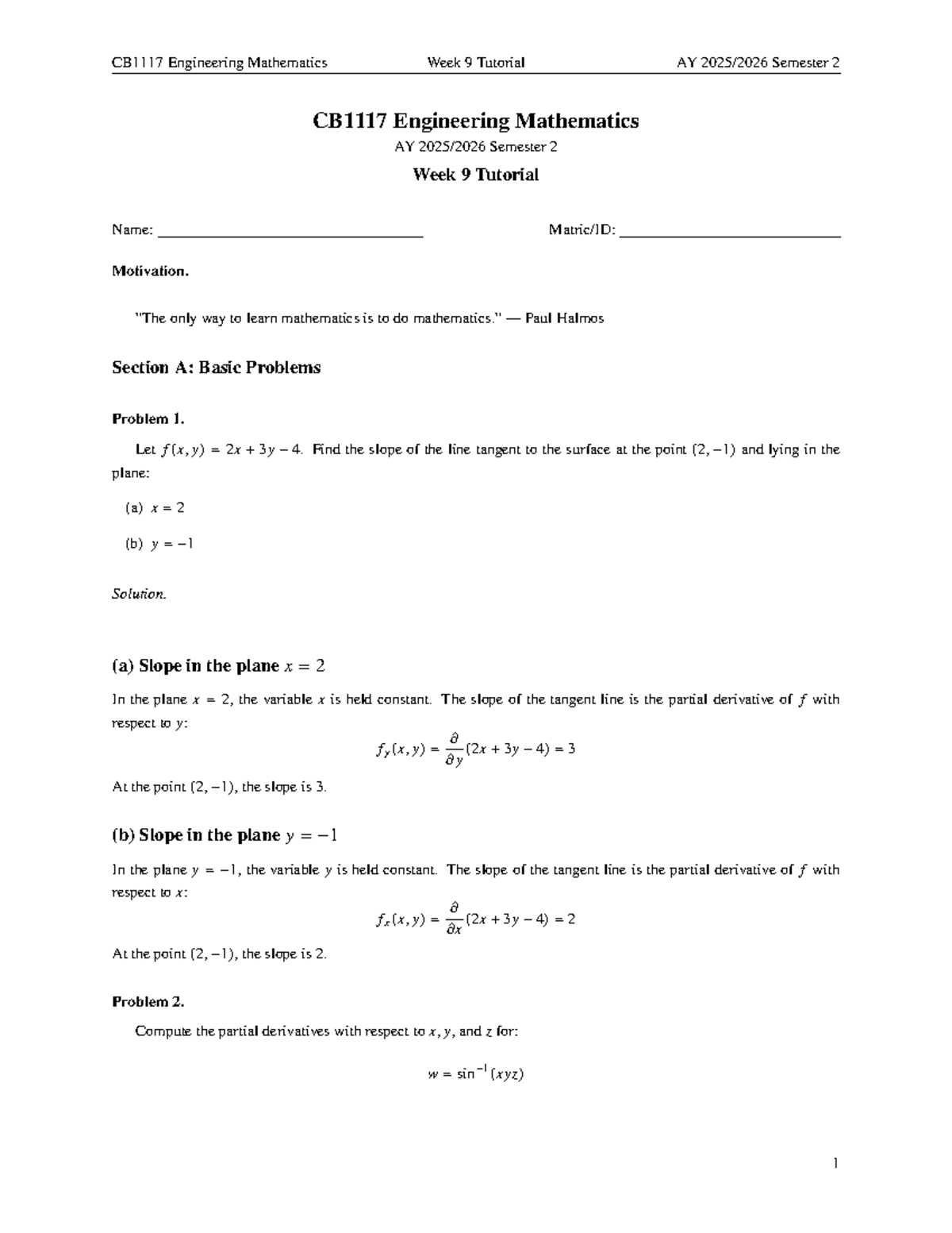 Engineering Mathematics AY Semester 2 Week 9 Tutorial Solutions - Studocu