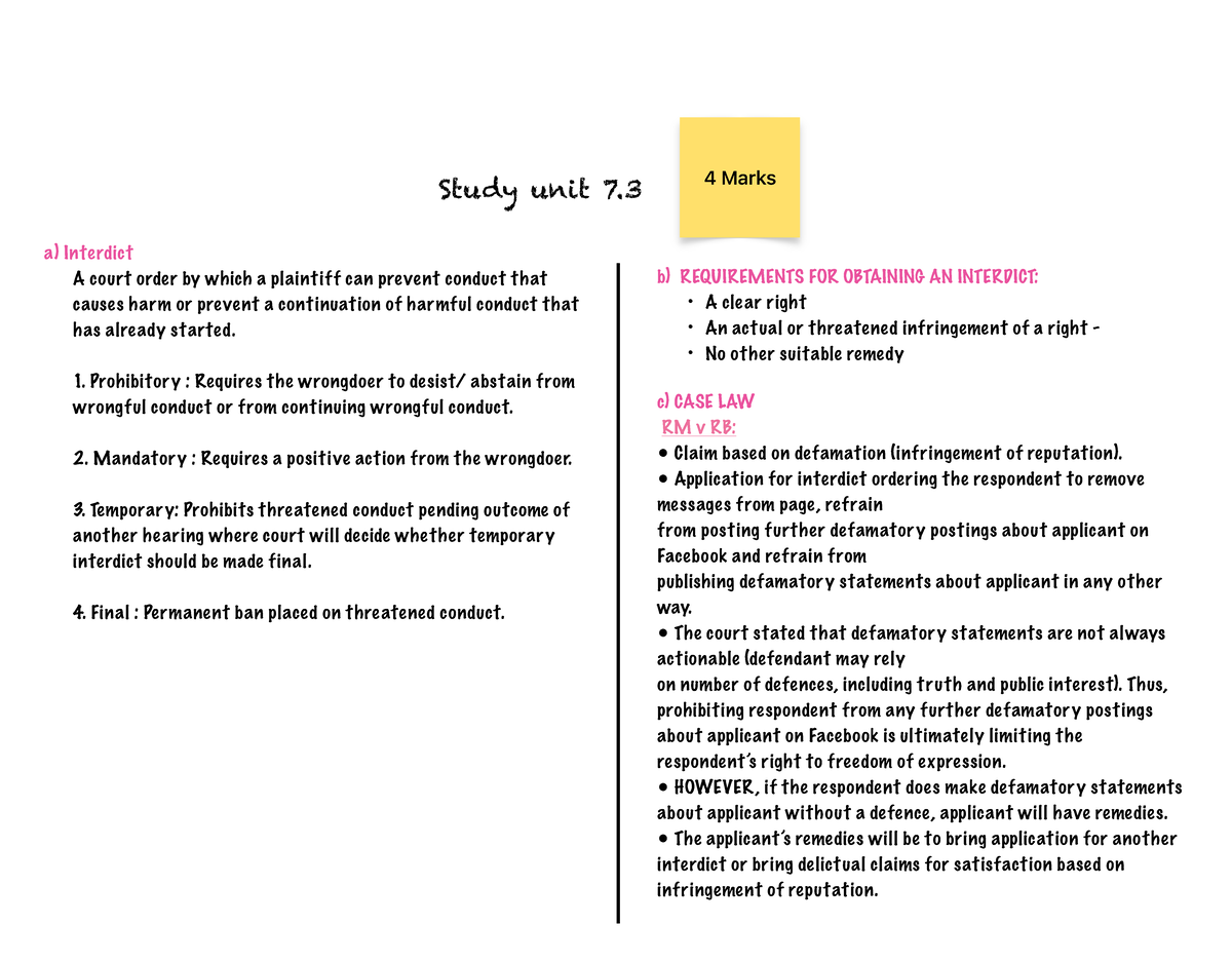 Study Unit 7.3: Understanding Interdicts and Case Law Analysis - Studocu