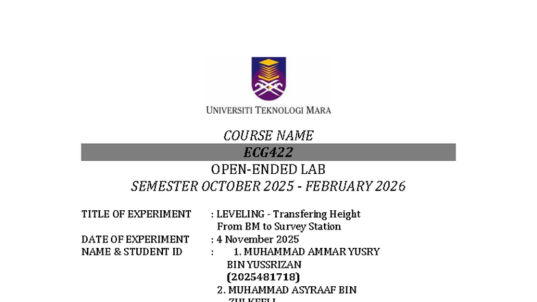 Lab Report 3: Leveling Experiment in ECG422 Lab (Nov 2025) - Studocu