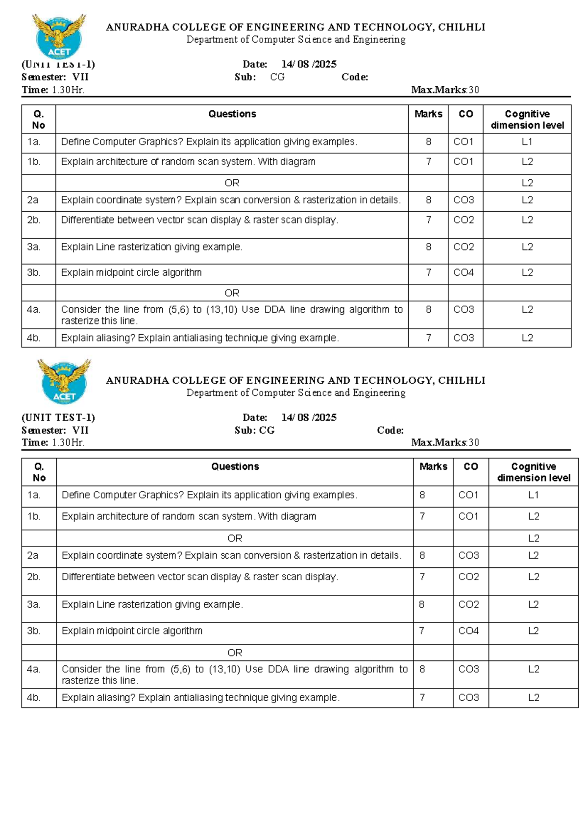 Unit Test-I 2025-26: Computer Graphics (CG) Questions & Answers - Studocu
