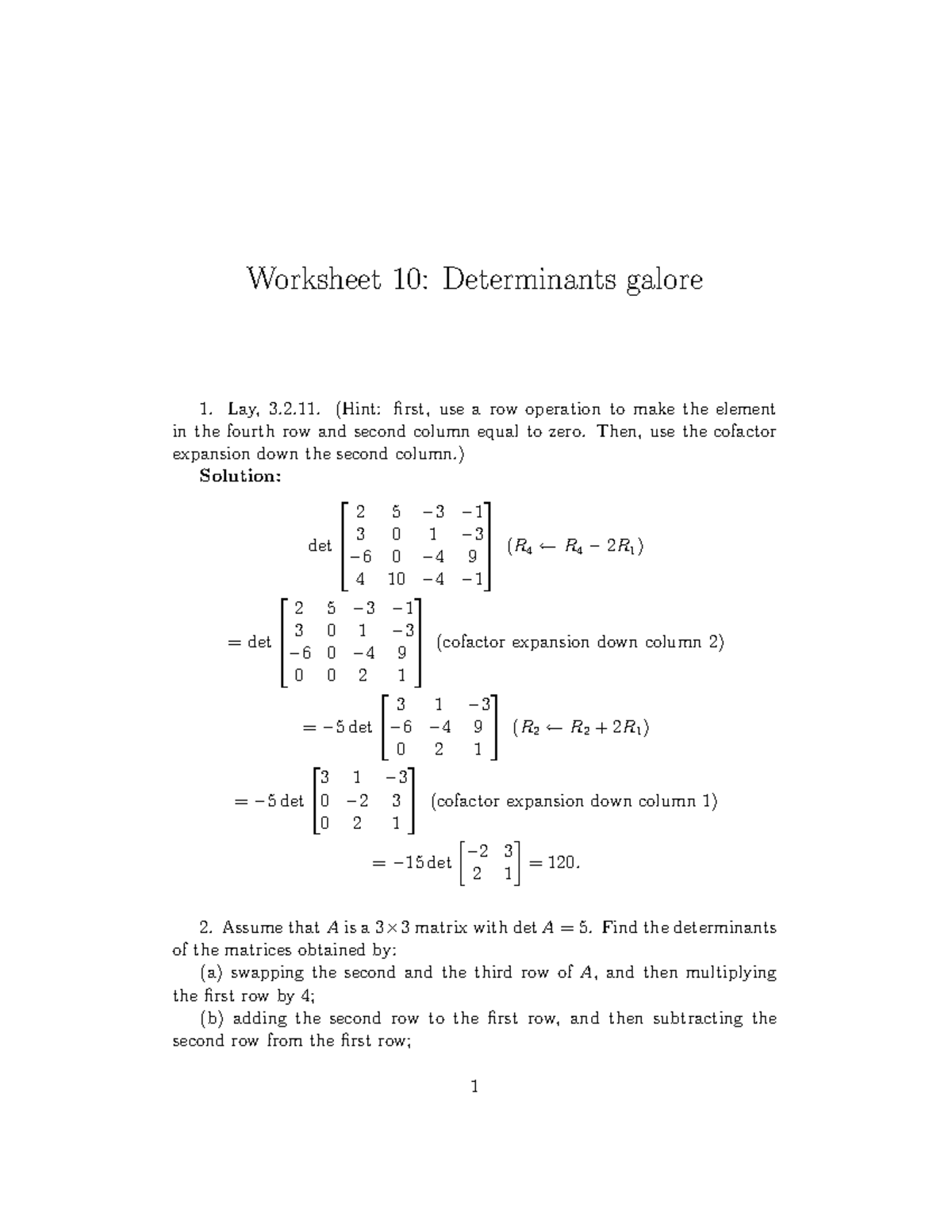 Ws10: Practice Solutions on Determinants and Row Operations - Studocu