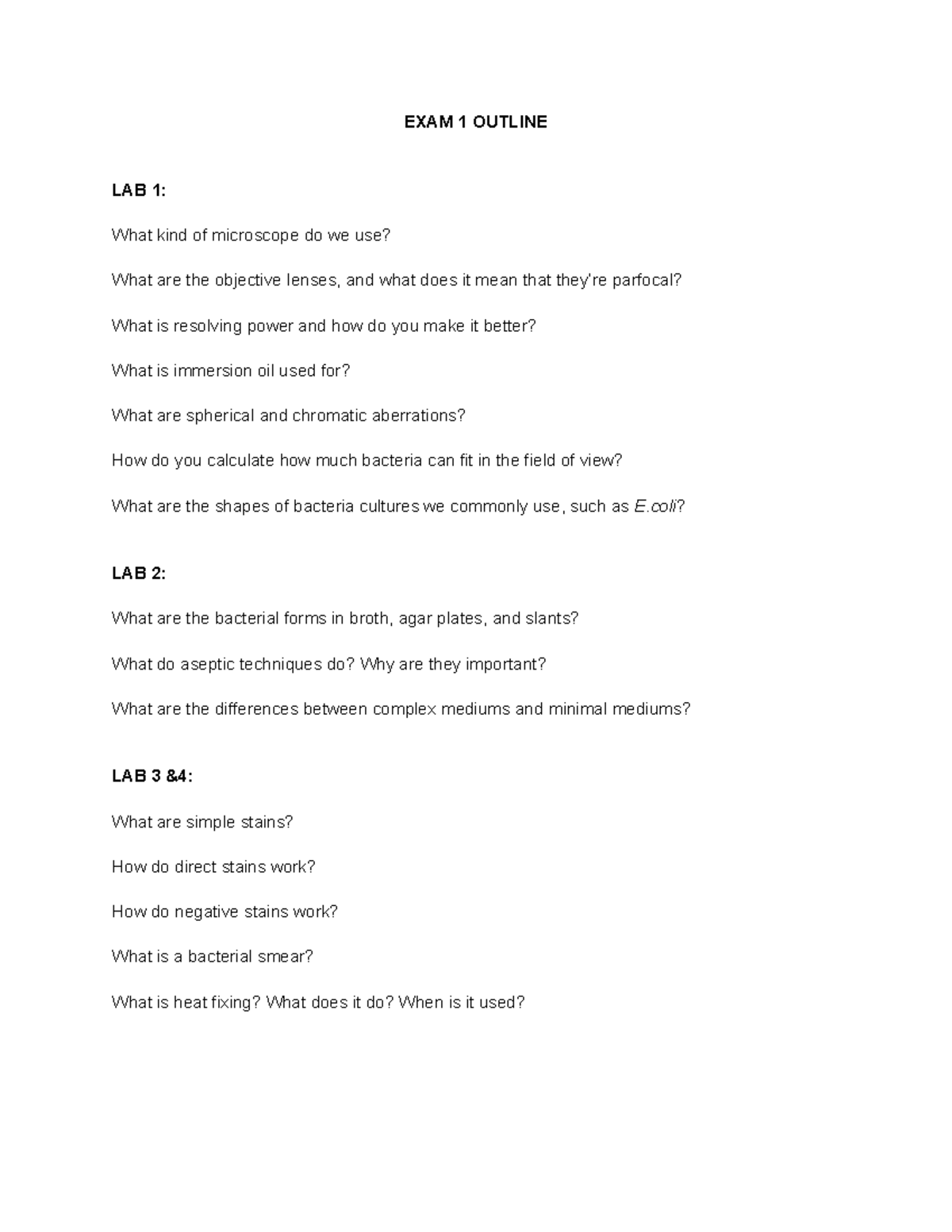 Microbiology LAB 1 Exam Outline: Key Concepts & Techniques - Studocu