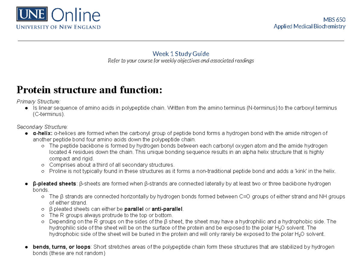 Week 1 Study Guide: Protein Structure & Enzyme Function - MBS 650 - Studocu