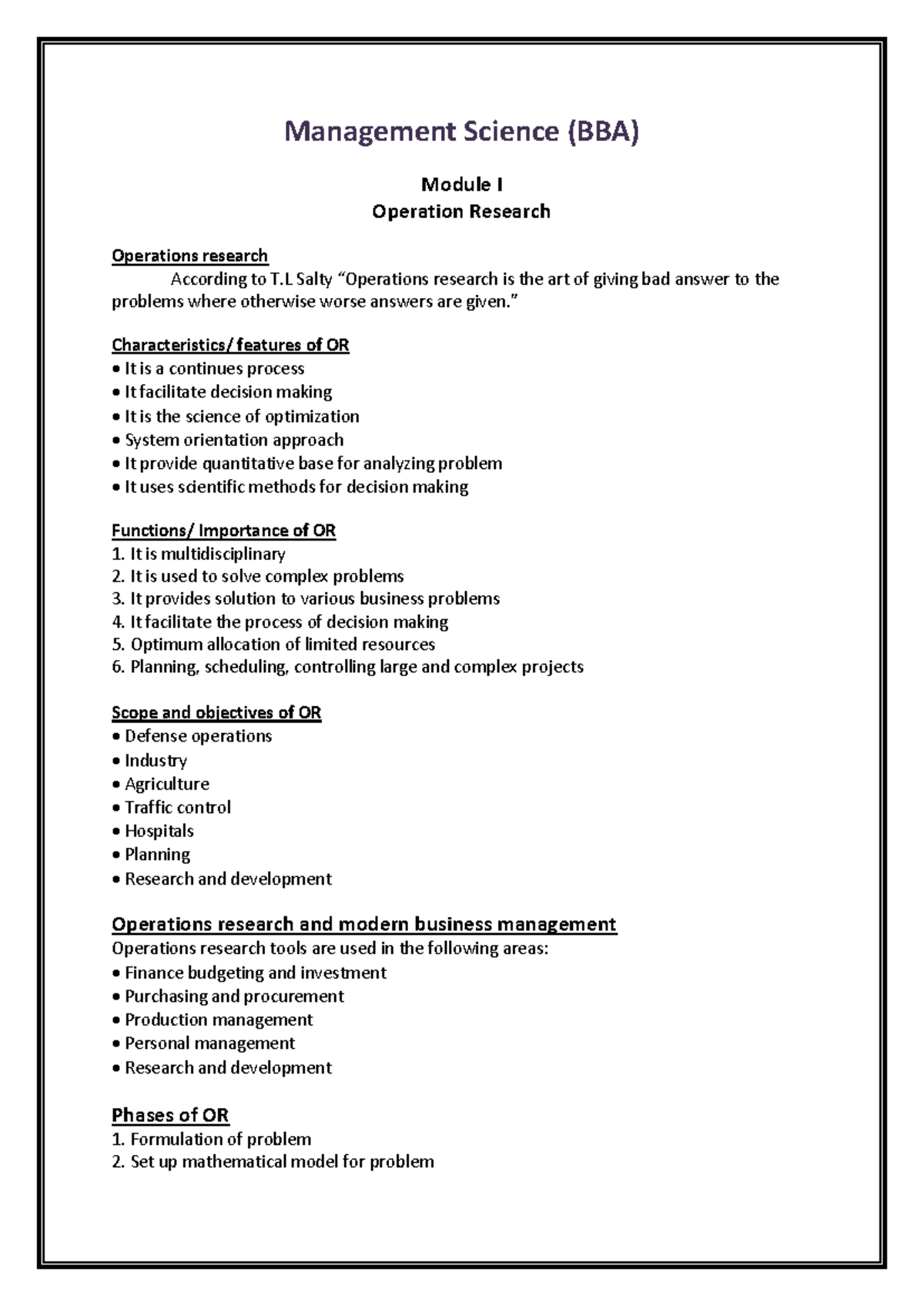 Management Science (BBA) Module I: Operations Research Notes - Studocu
