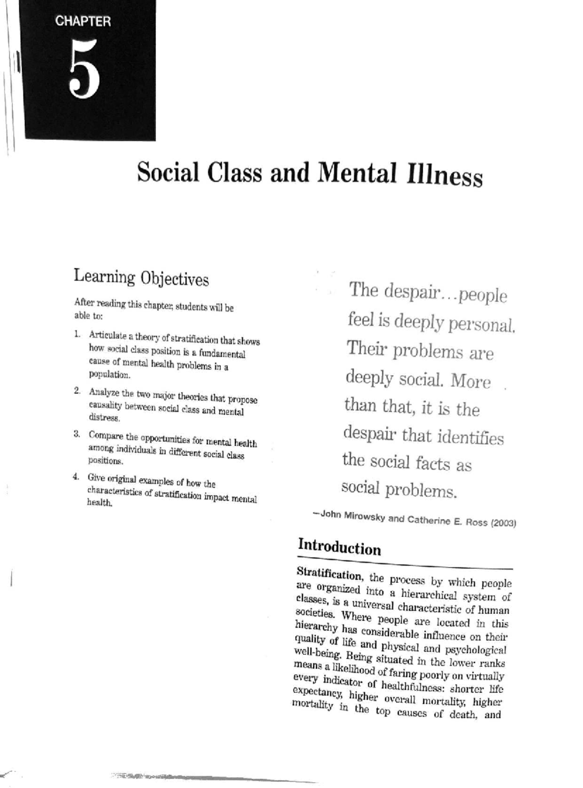 SOC 101 CHAPTER 5: Social Class and Mental Illness - Key Concepts and ...