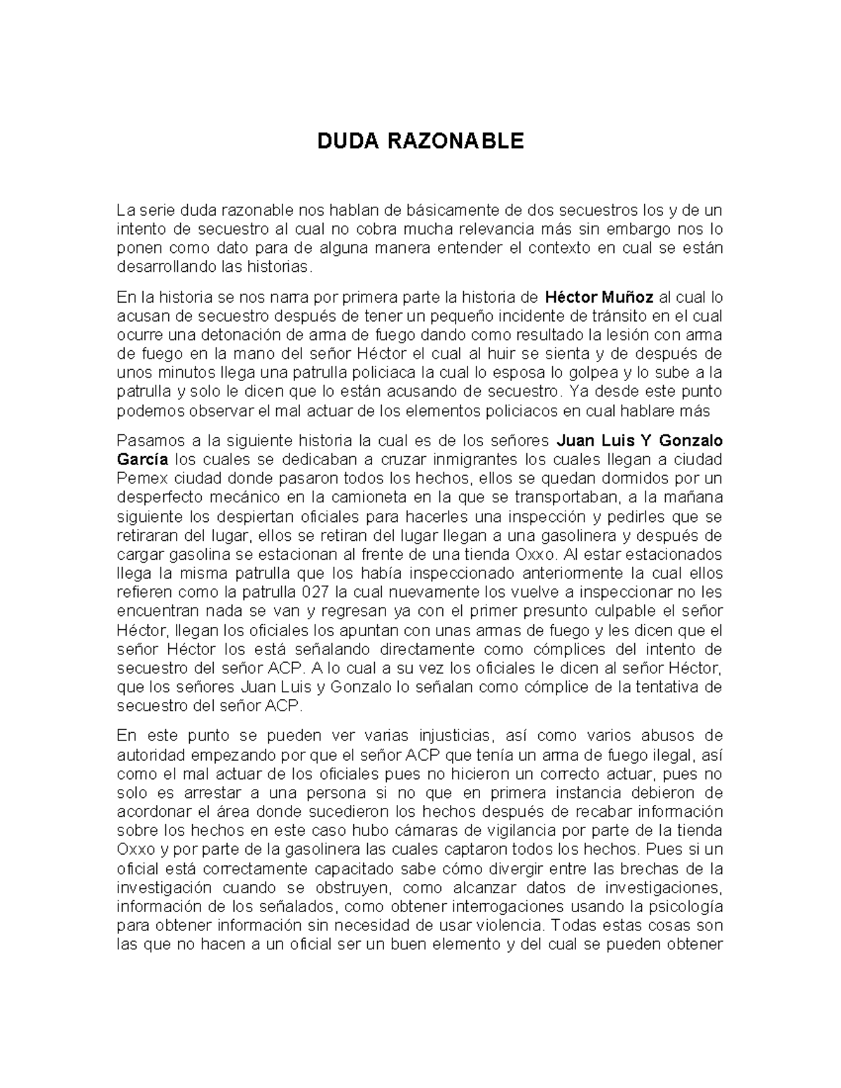 DUDA RAZONABLE: Análisis de Injusticias en Secuestros y Tortura - Studocu