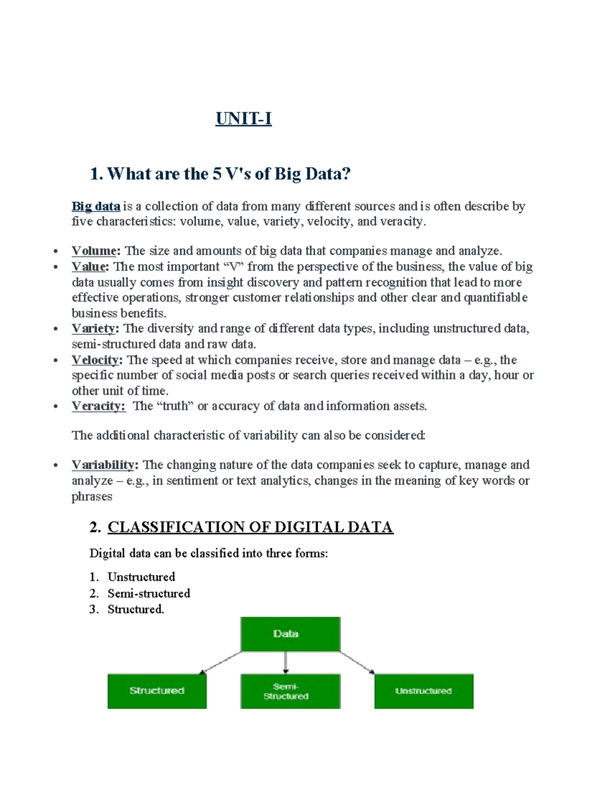 BIG DATA Analytics UNIT-I: Exploring the 5 V's & Data Classification ...