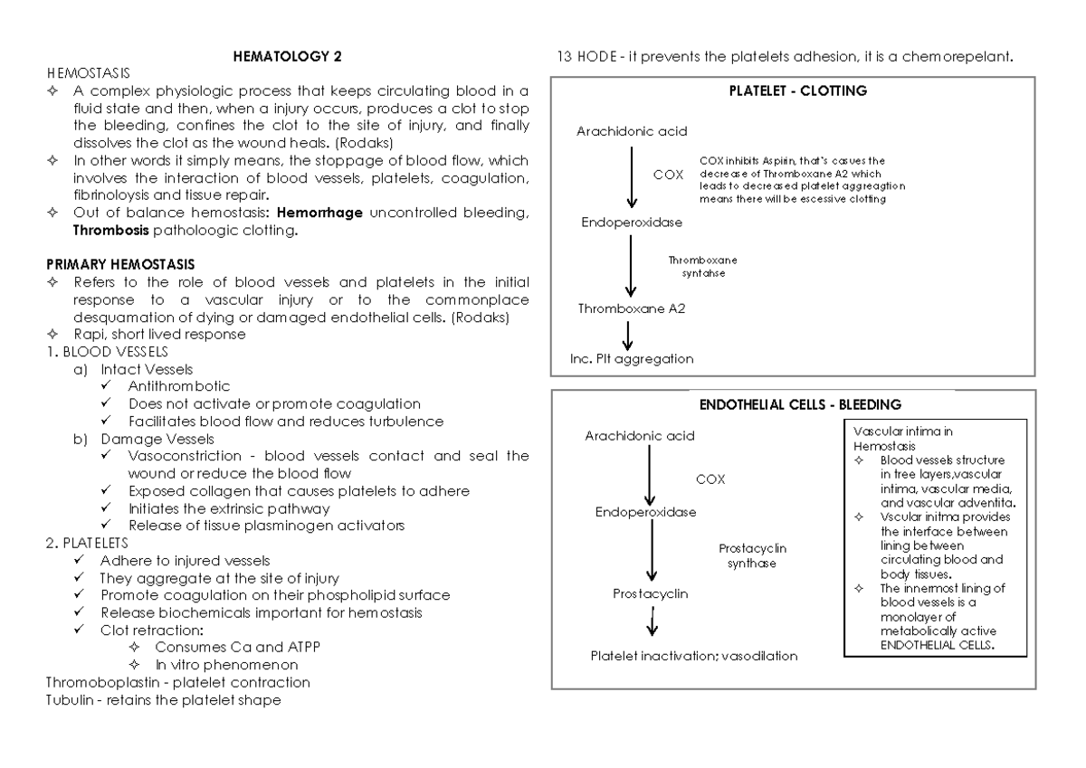 P1 - Hema - HEMATOLOGY 2 HEMOSTASIS A complex physiologic process that ...