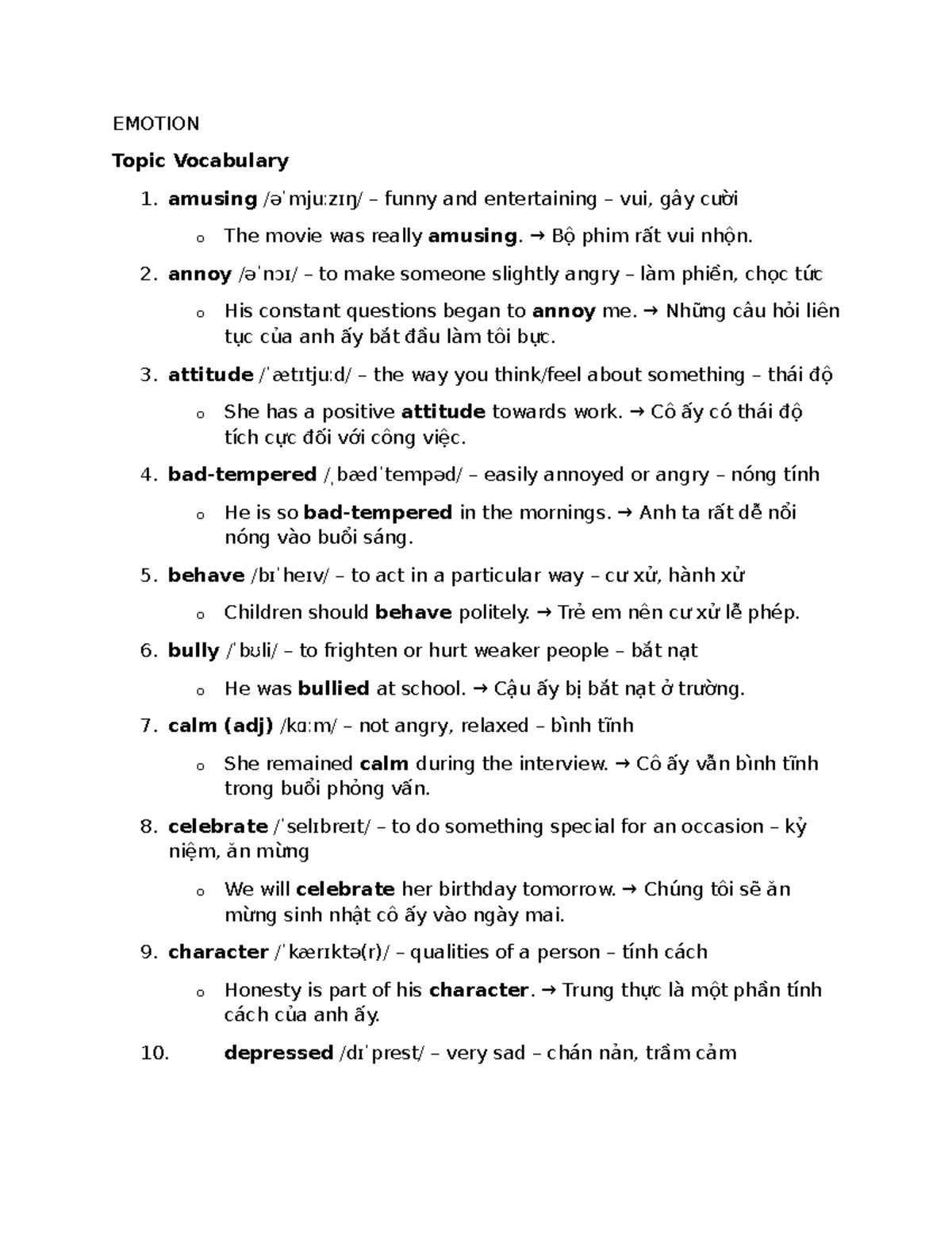 Emotion Vocabulary Overview for Course EMOTION 101 - Studocu