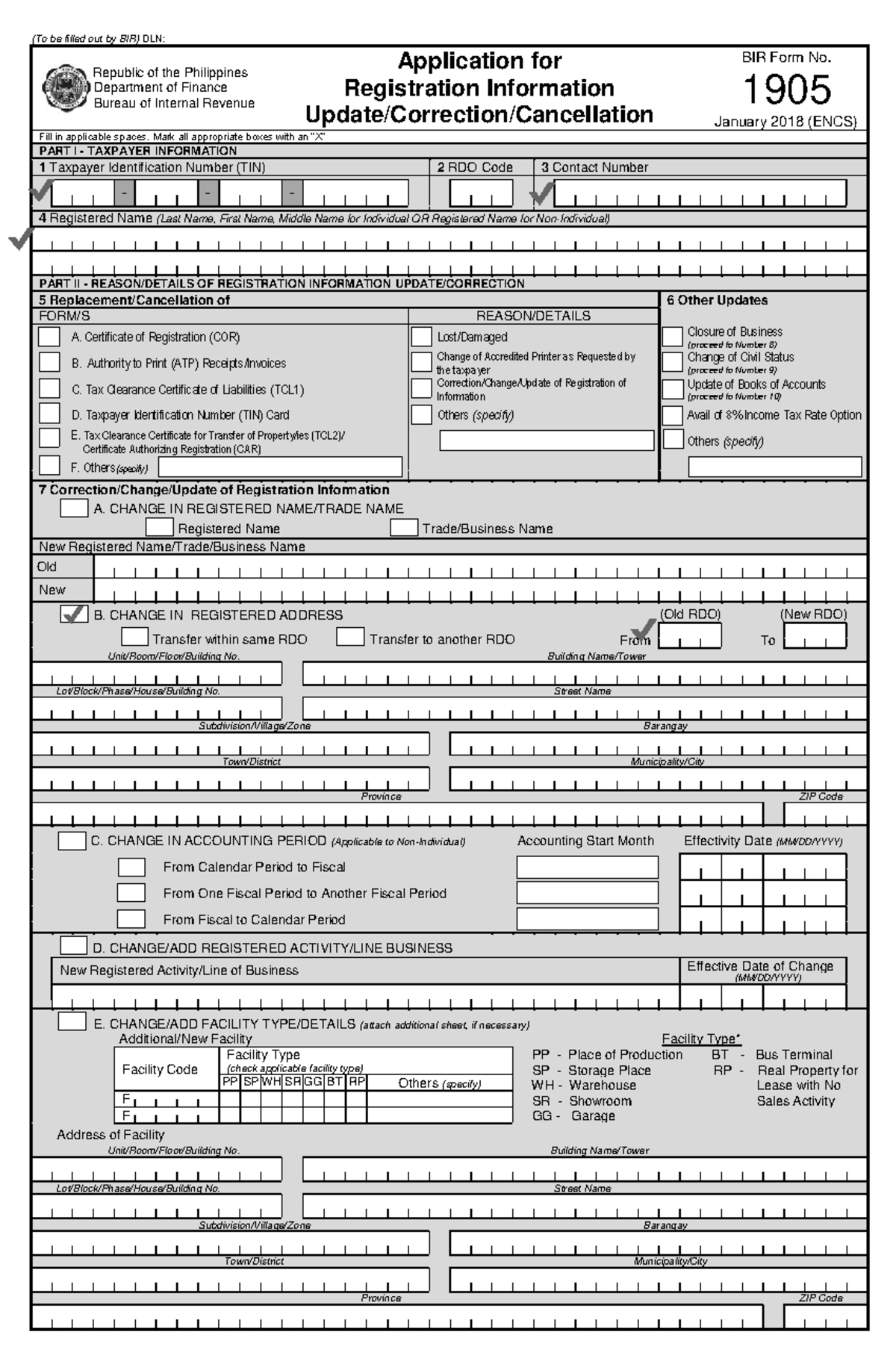 BIR Form No. 1905: Application for Registration Information - Studocu