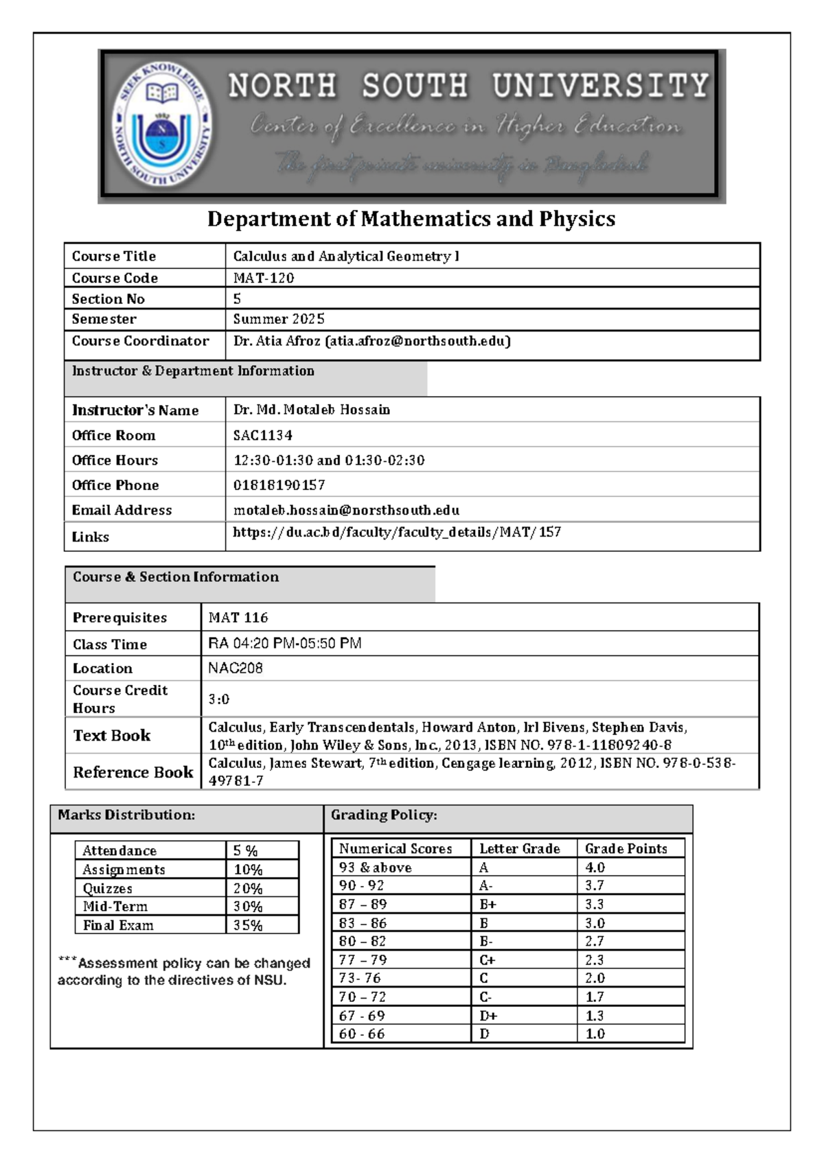 Course Outline for MAT120: Calculus and Analytical Geometry I - Summer ...