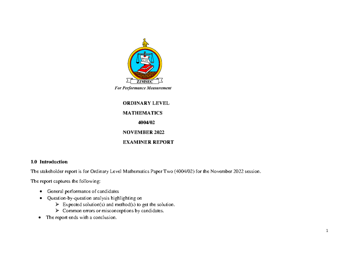 Ordinary Level Mathematics 4004/02 Nov 2022 Examiner Report - Studocu