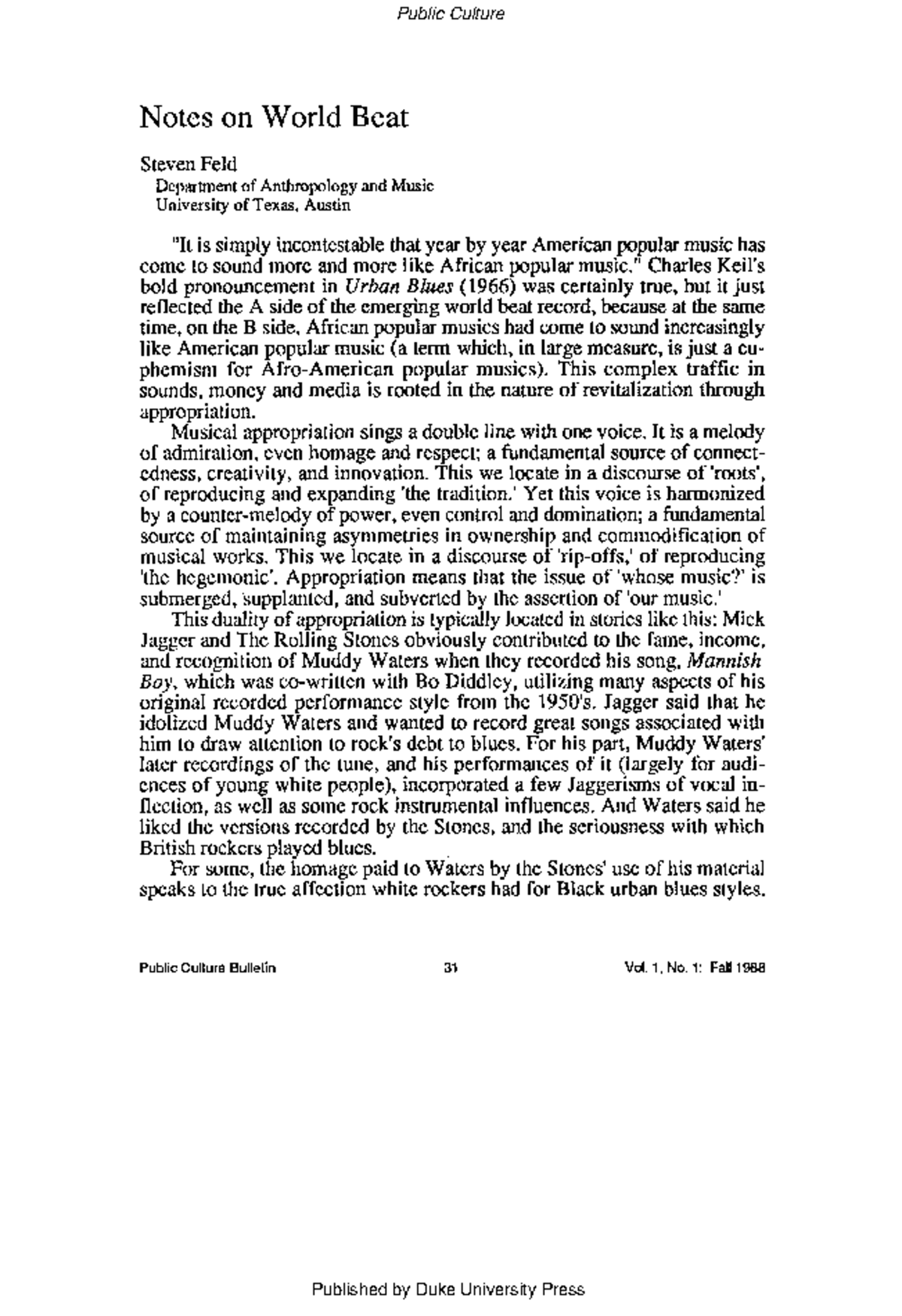 Feld - Final Notes on World Beat: Ownership and Musical Appropriation ...