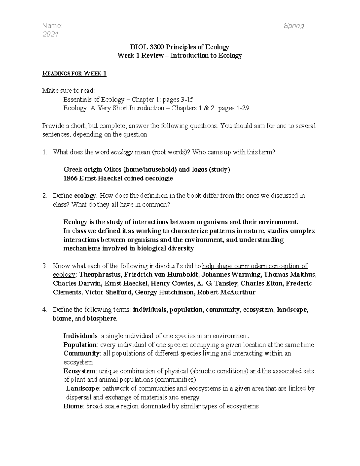 2024 Spring BIOL 3300 Principles of Ecology Week 1 Study Guide - Studocu