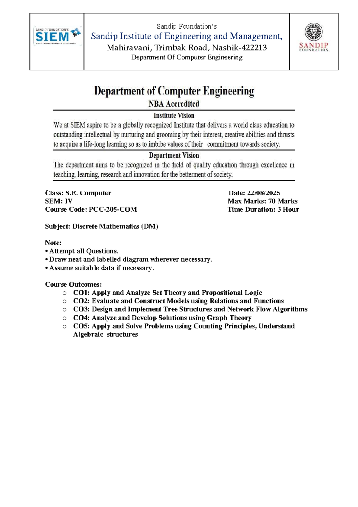 Discrete Mathematics Model Paper Answer Key - S.E. Comp SEM IV 2022 ...