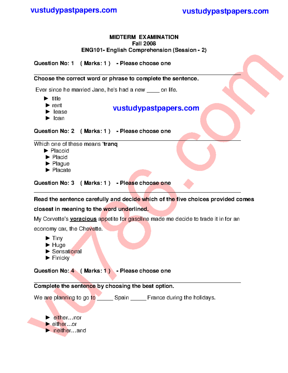 ENG101 Midterm Exam 2008 - English Comprehension Questions - Studocu