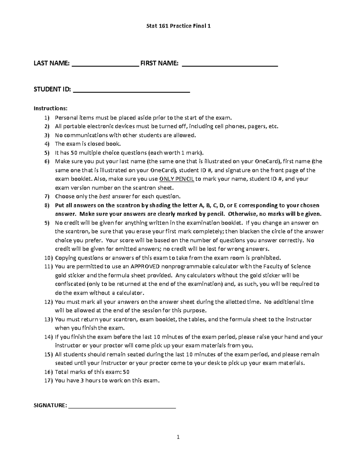 Stat 161 Practice Final Exam Instructions and Guidelines - Studocu