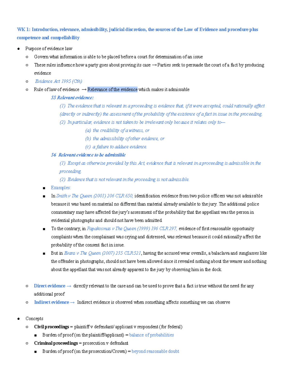 LAWS3001: Week 1 Evidence Law Overview and Key Concepts - Studocu