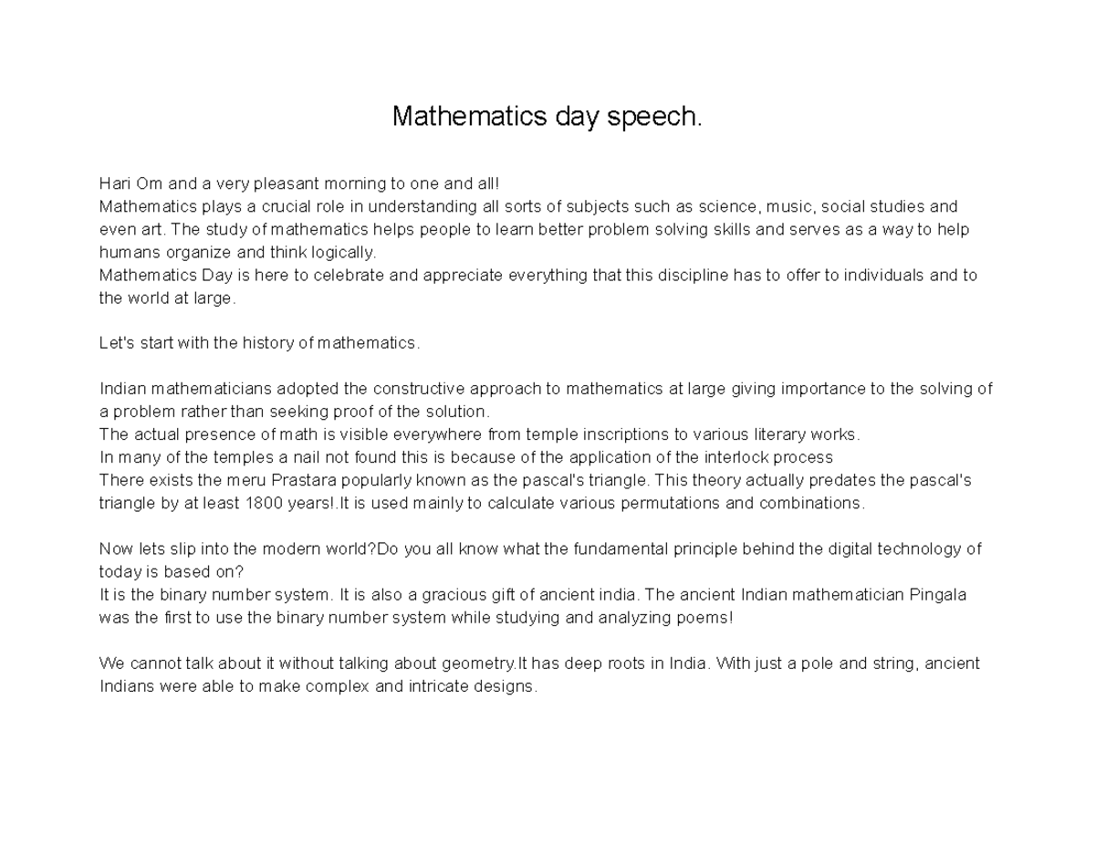 Mathematics day speech - Hari Om and a very pleasant morning to one and ...
