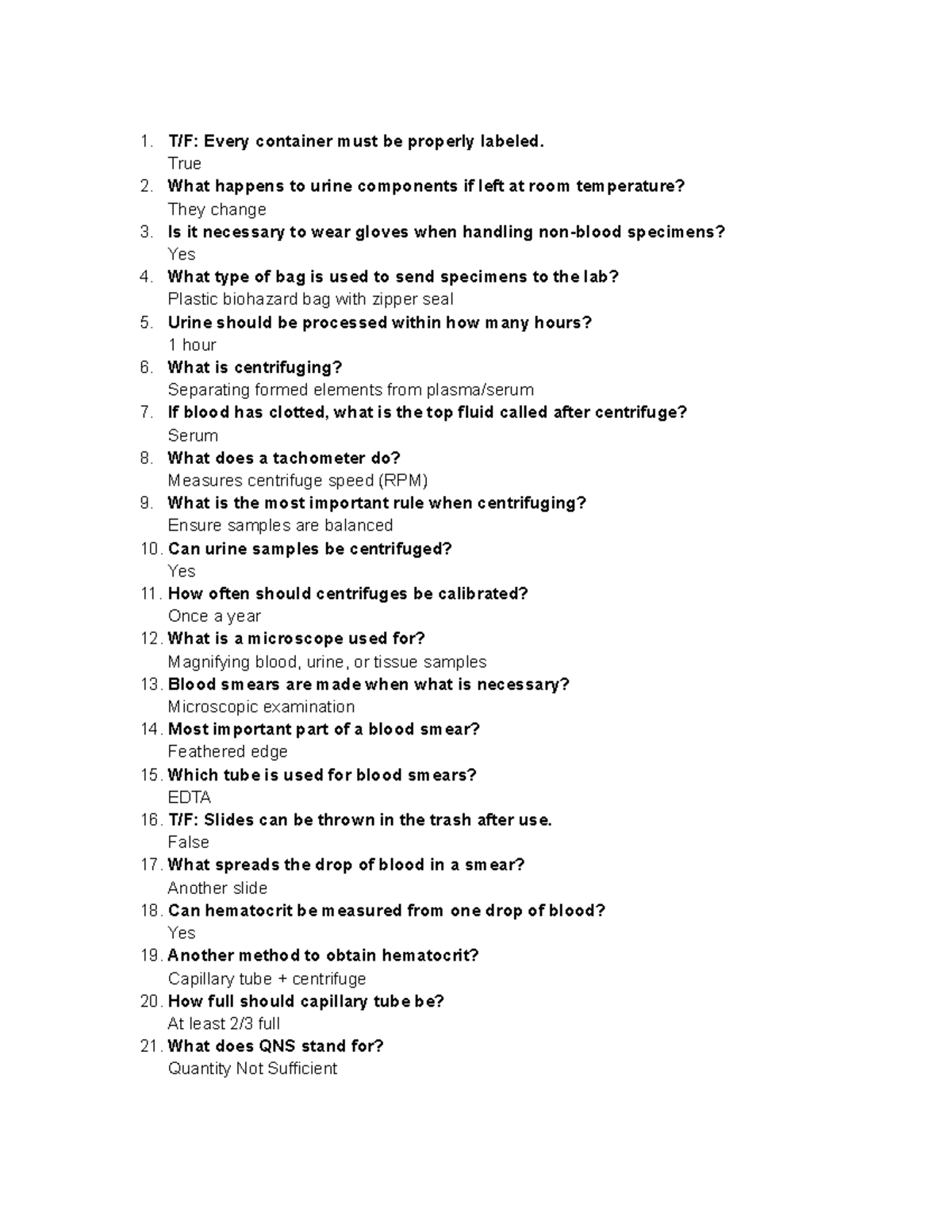 Lab Specimen Handling Quiz - Studocu