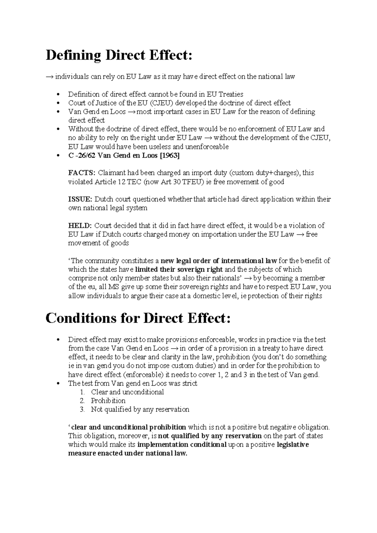 Direct effect & state liability - Defining Direct Effect: → individuals ...