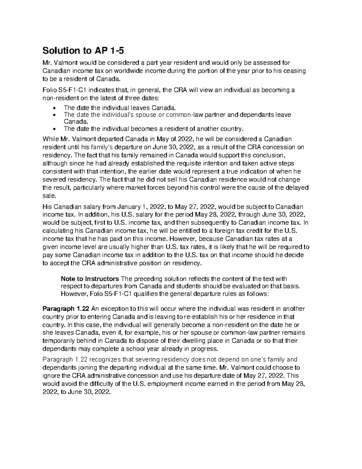 Solutions for Homework Assignment #1 on Canadian Tax Residency - Studocu