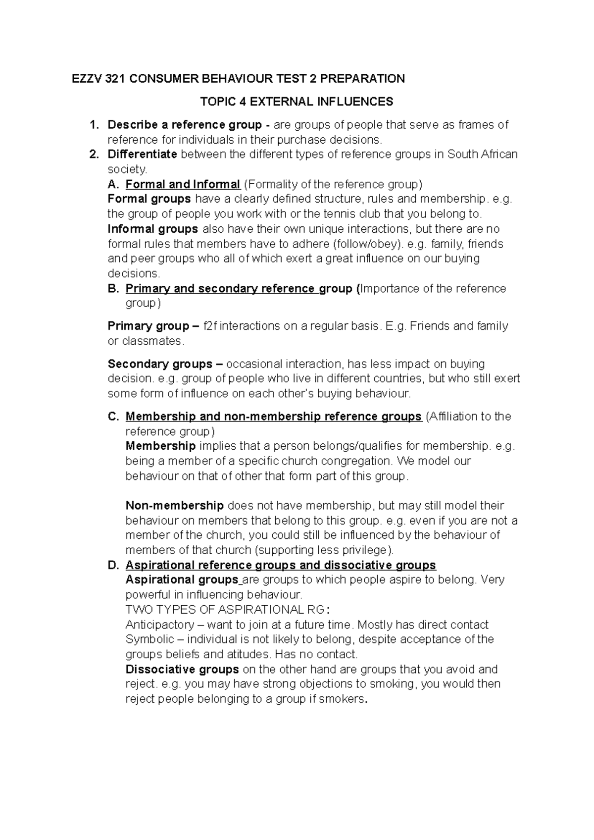 EZZV 321 TEST 2 PREP: Consumer Behaviour Topics 4 & 6 Insights - Studocu