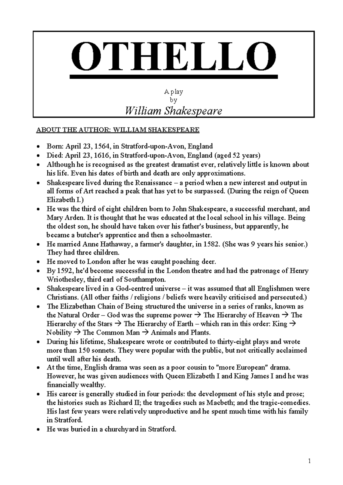 Othello (ENG 101) Chapter Summaries and Analysis - Studocu