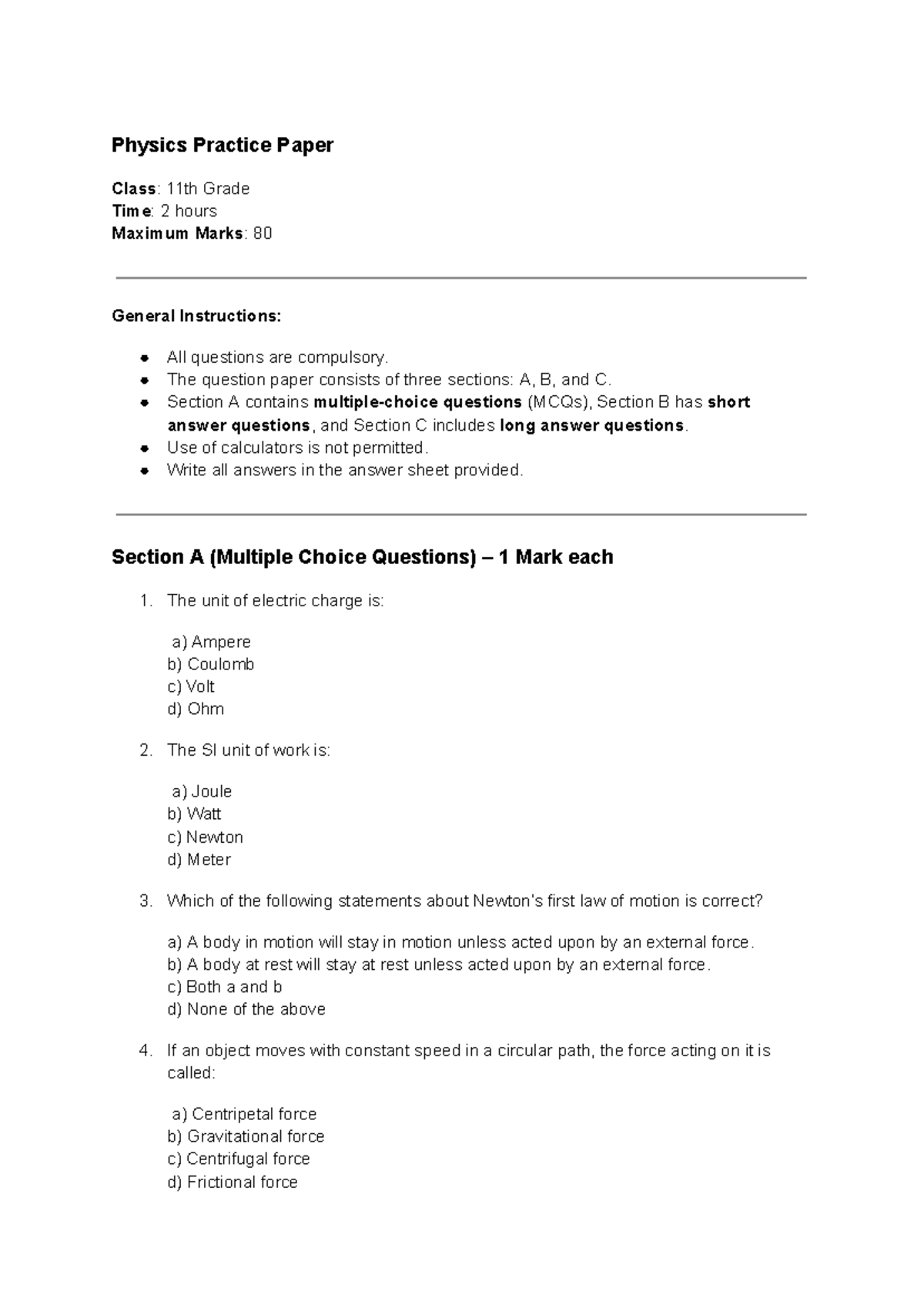 Physics Practice Paper for Class 11: MCQs, Short & Long Answers - Studocu