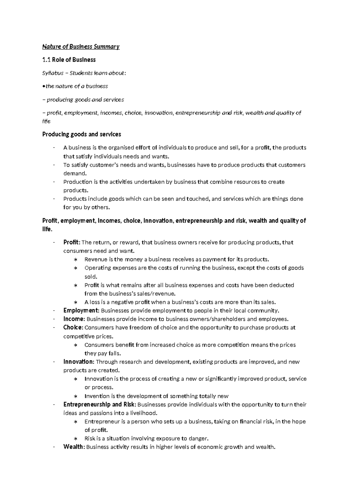 Nature of Business Overview: Key Concepts and Influences (BUS101) - Studocu