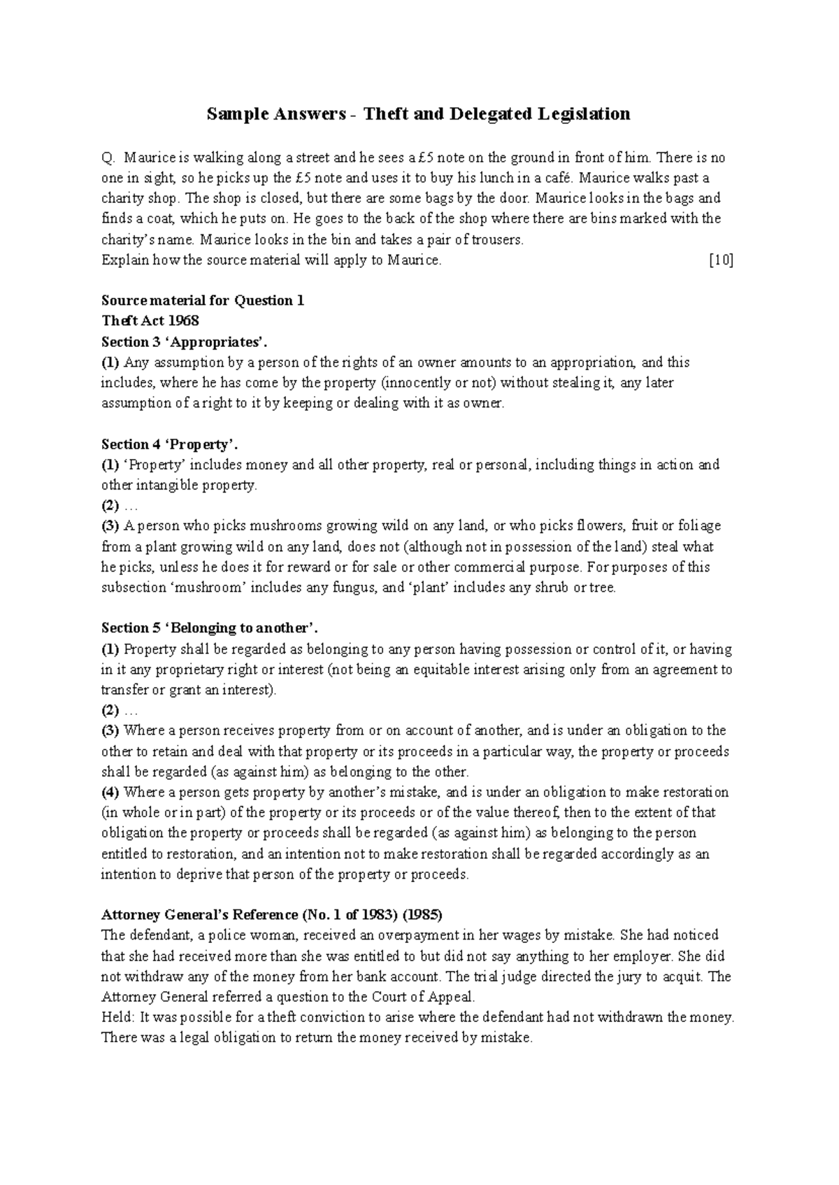 Sample Answers: Theft and Delegated Legislation (Law 101) - Studocu