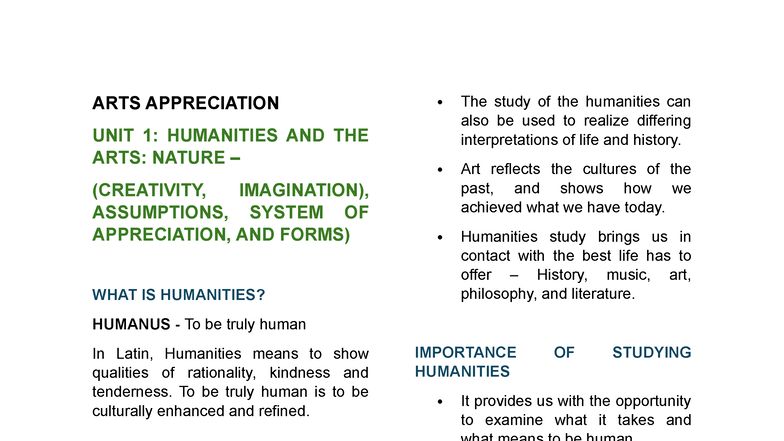 ARTS APPRECIATION CHAPTER 1: HUMANITIES, CREATIVITY, AND CULTURE - Studocu