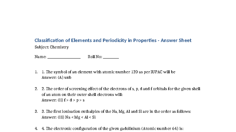 Chemistry 101: Classification of Elements & Periodicity Answer Sheet ...