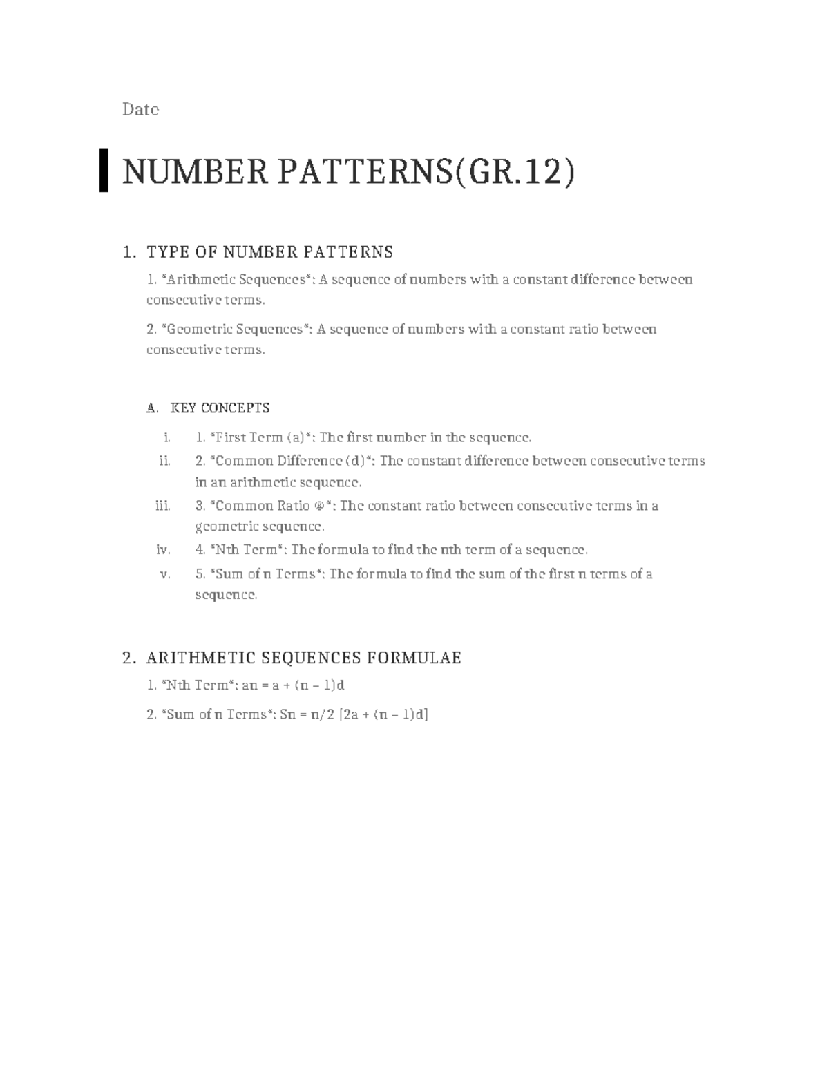 Nr. Patterns - Date NUMBER PATTERNS(GR) 1. TYPE OF NUMBER PATTERNS 1 ...