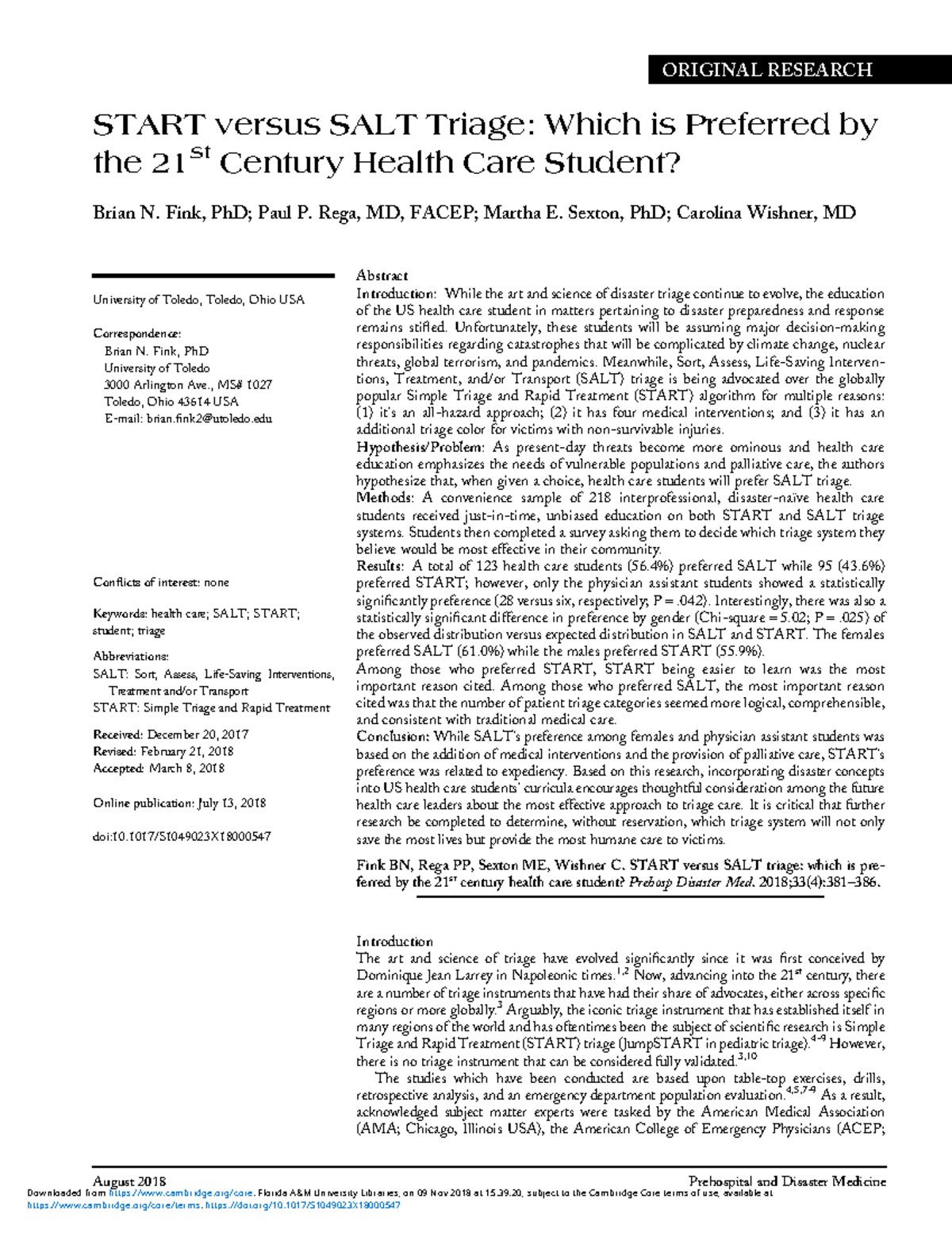 START vs SALT Triage Preferences among 21st Century Health Care ...