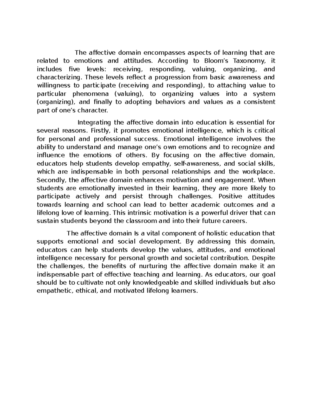Affective Domain in Education: Importance and Levels Explained - Studocu