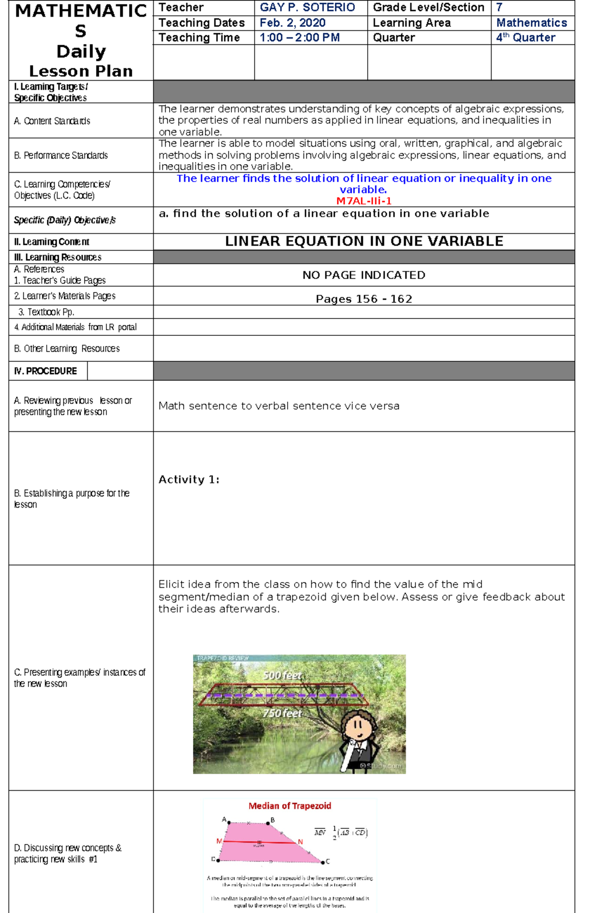 MATHEMATICS 9: Lesson Plan on Linear Equations and Quadratics - Studocu