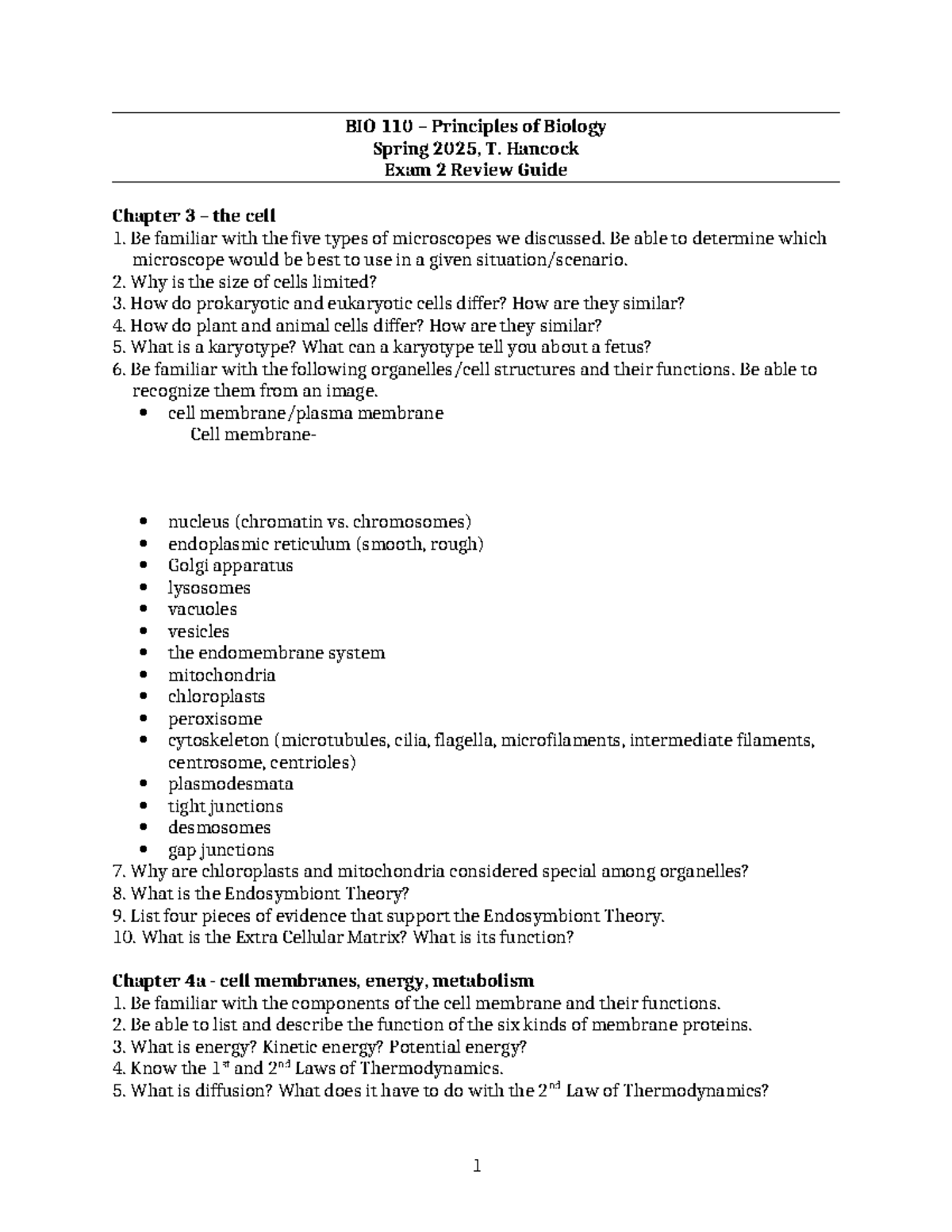 BIO 110 – Principles of Biology Spring 2025 Exam 2 Review Notes - Studocu