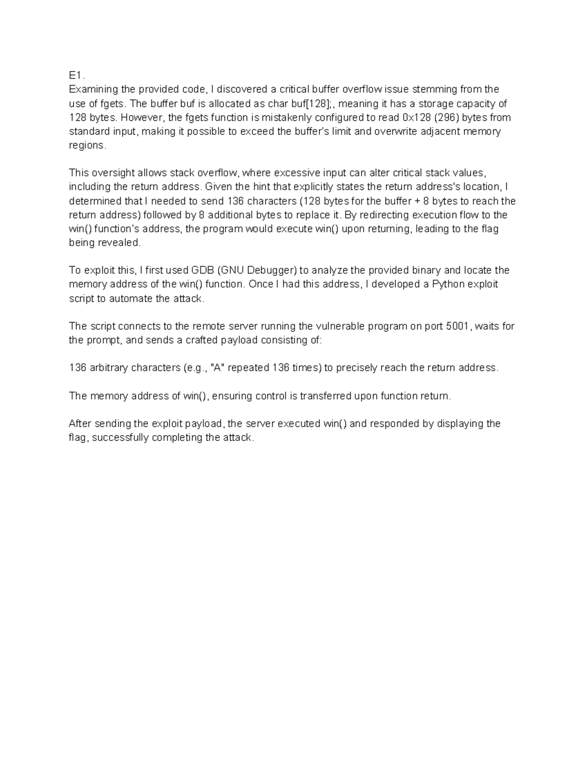 E1-M1-H1: Buffer Overflow and Exploit Techniques in CTF Challenges ...