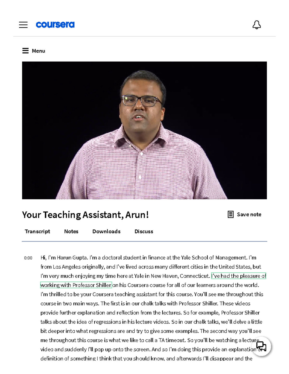 Your Teaching Assistant, Arun Coursera - Menu Transcript Notes ...