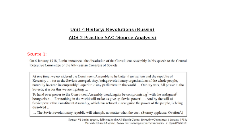 Unit 4 History: Russia Revolutions AOS 2 Practice SAC Guide - Studocu